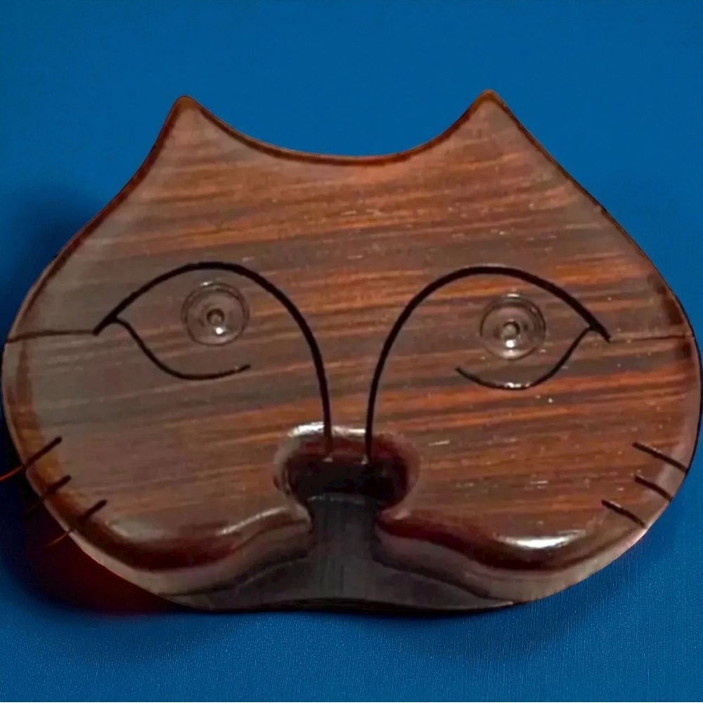 MCM Wooden Kitty & Dog Trinket Box Free Form Richard Rothbard Puzzle 90s  VTG